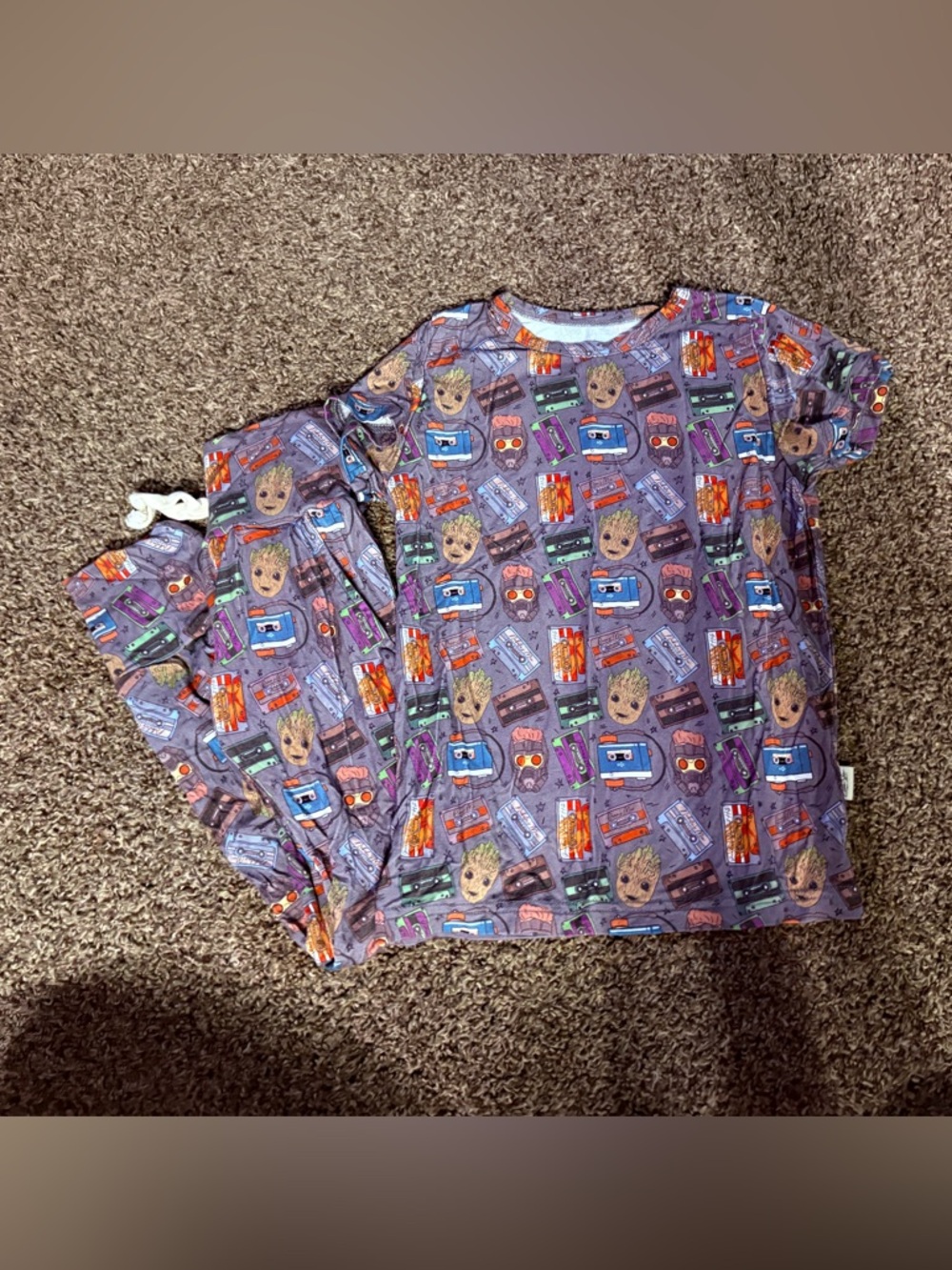 Kids Pajama Set with Cartoon Groot & Retro Cassette Print- BAMBOO